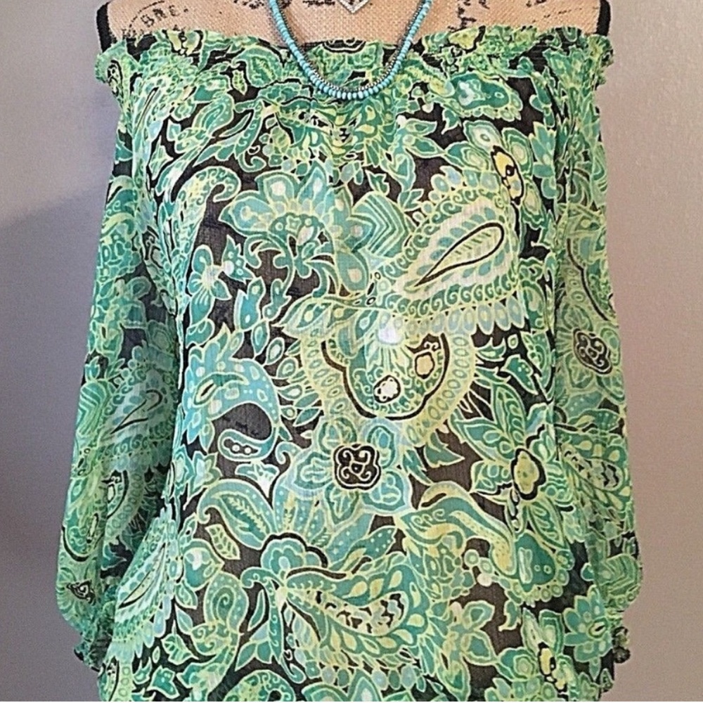 LOFT sheer paisley print off shoulder blouse green & black small